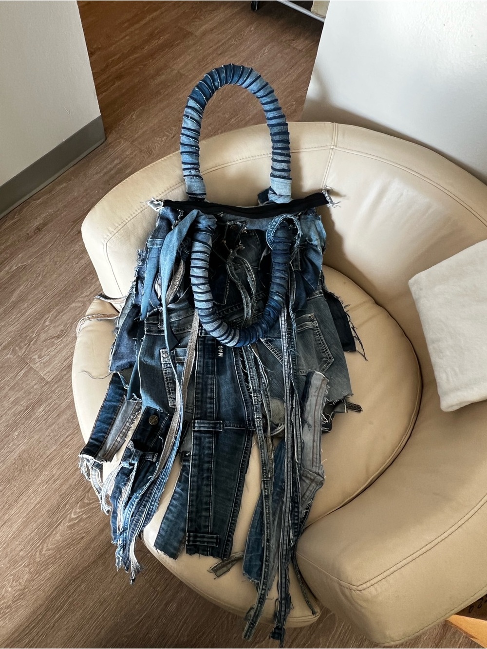 Blue Denim Fringe Shoulder Bag - Distressed Jeans Patchwork… LARGE - Picture 2 of 8